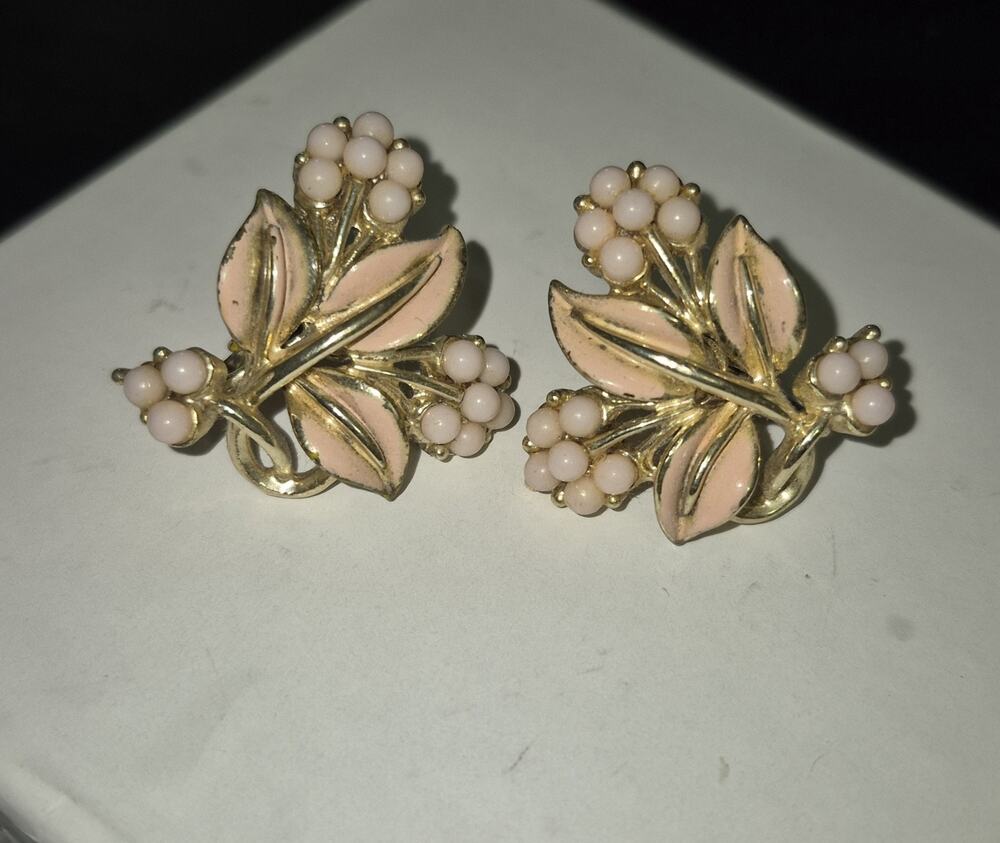 Vintage Coro Pink Enamel Floral Clip-On Earrings